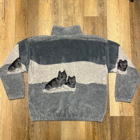 VTG 90s Black Mountain Wolf Fleece Jacket L Gray Wolves Nature AOP  USA Outdoor - Picture 6 of 9